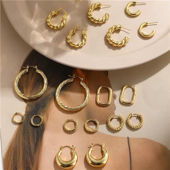9 Pairs Gold Hoop Earr, 14K Gold Plated Lightweight Chunky Twisted Hoop - Picture 3 of 7